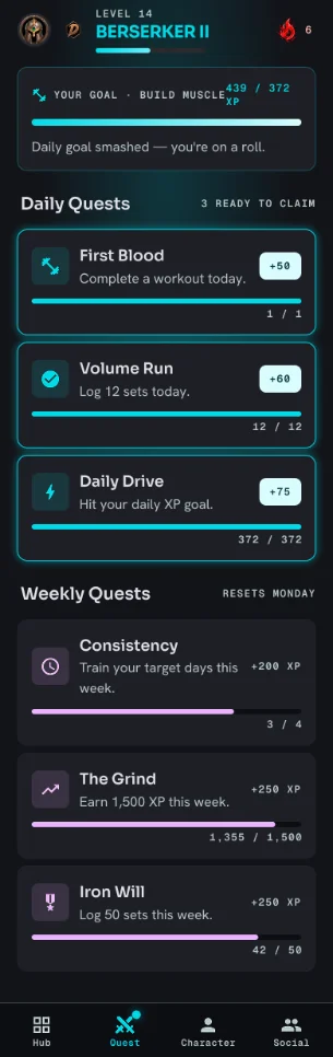XPGym session logger — sets, reps and XP gains